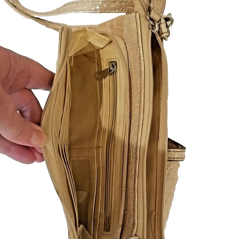 Cream Patent Crossbody Bag Small Minimalist Multi Pocket Shoulder Purse Neutral - Picture 4 of 5